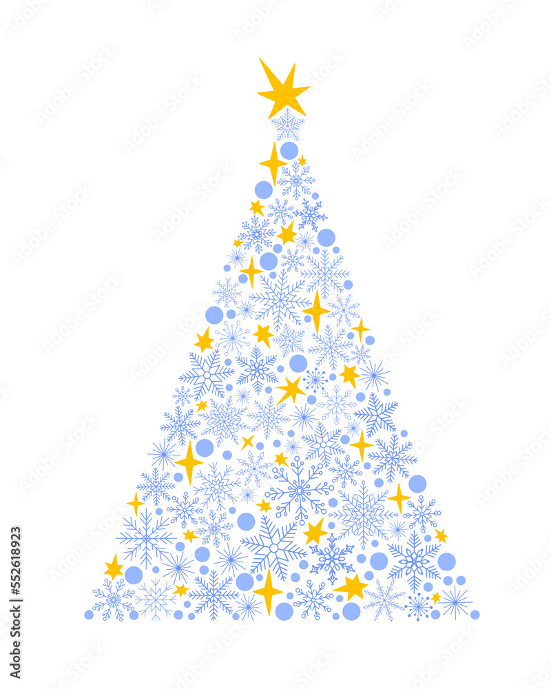 Original Christmas tree made of snowflakes, polka dots and stars simple hand drawn cartoon vector illustration, New Year holiday celebration concept for greeting card, invitation, poster, banner Original Christmas tree made of snowflakes, polka dots and stars simple hand drawn cartoon vector illustration, New Year holiday celebration concept for greeting card, invitation, poster, banner