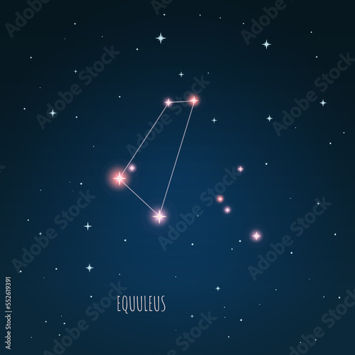 Constellation Equuleus scheme in starry sky. Open space. Vector illustration Equuleus constellation through a telescope. 