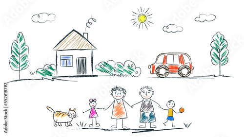 Family - little girl and boy holding hands with mother and father, house, sun, clouds, summer day. doodles are drawn by a child's hand with colored pencils on a white background.
