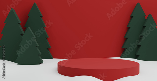 Merry Christmas and happy new year promotion banner, Decorated Space with Podium and snow for Product presentation, Background 3D illustration