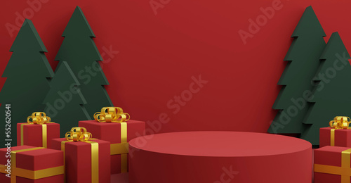 Merry Christmas and happy new year promotion banner, Decorated Space with Podium and Gifts for Product presentation, Background 3D illustration