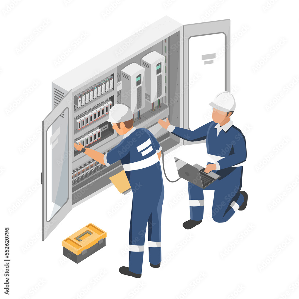 plc controller machine system box  technicians engineering checking service maintenance programmable logic controller in factory and production line isometric isolated - obrazy, fototapety, plakaty 