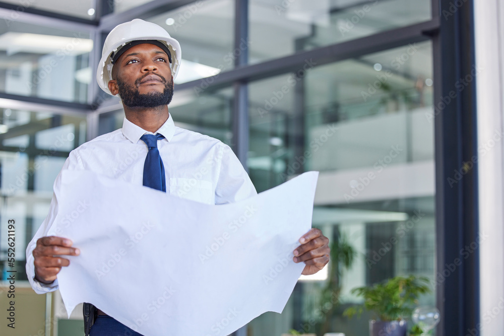 Fototapeta premium Black man, architect and blueprint in construction planning, thinking or contractor at the office. African American male engineer holding project plan for industrial building, layout and architecture