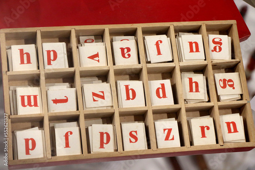 Vintage toy. Letter tiles for learning to read at school