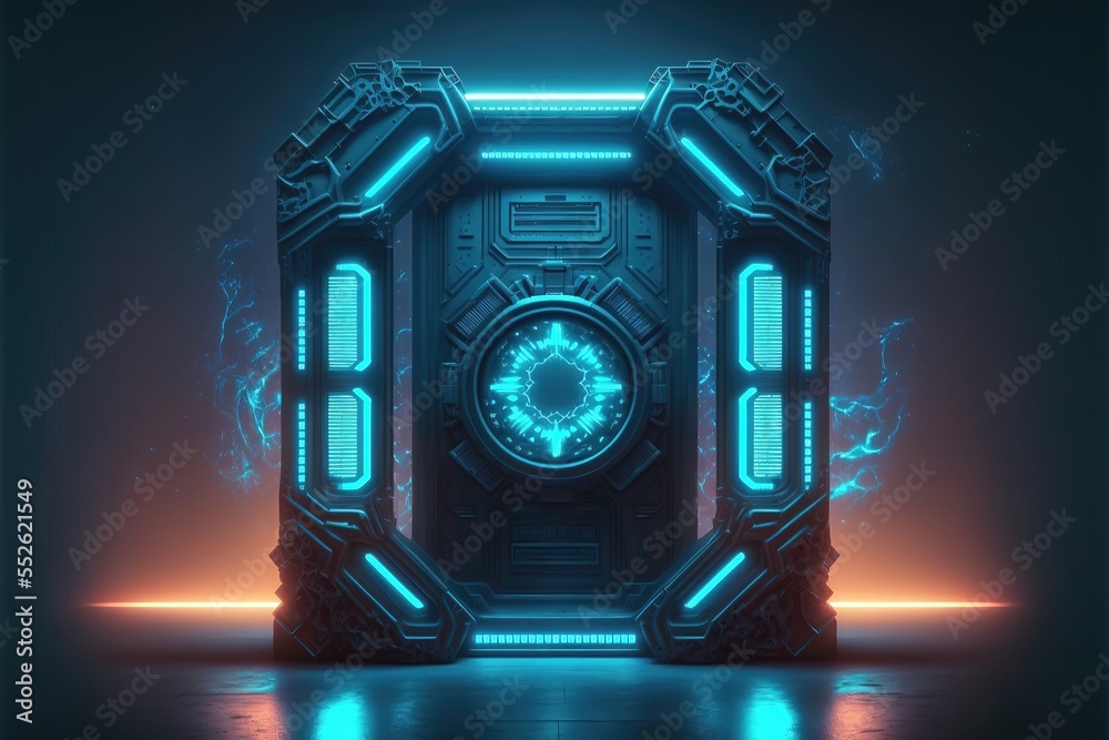 Naklejka premium Abstract neon light portal, science and technology iron entrance, neon rays and lines, neon light reflection. AI