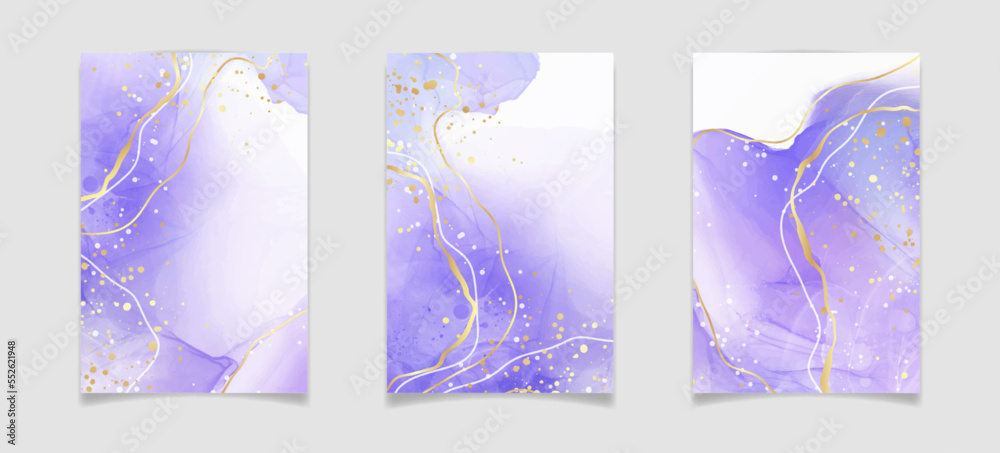 Violet cyan blue liquid watercolor background with golden stains. Teal mauve purple marble alcohol ink drawing effect. Vector illustration design template for wedding invitation, menu, rsvp