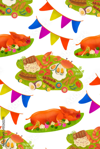 Filipino fiesta illustrated pattern with lechon roasted pig, boodle fight food spread, and banderitas