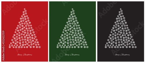 Merry Christmas Vector Card. White Christmas Tree Isolated on a Red, Black and Green Background. Christmas Illustration in 3 Different Colors. Tree Of Triangle Shape Made of White Snowflakes.