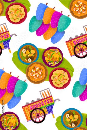 Filipino fiesta illustrated pattern with sorbetes cart, stews, pansit, and kiping leaf-shaped wafer layered