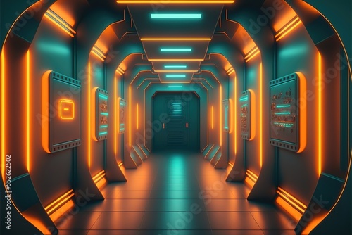 Abstract light tunnel  neon corridor. Space science and technology neon background. Sci Fy neon glowing lamps in a dark tunnel. AI