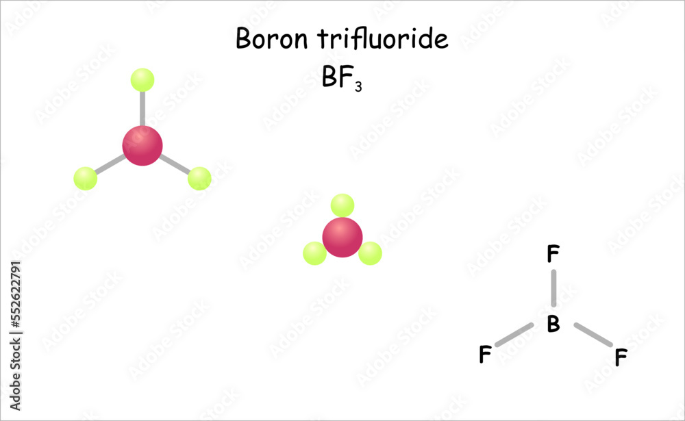 Stylized molecule model/structural formula of boron trifluoride. Stock