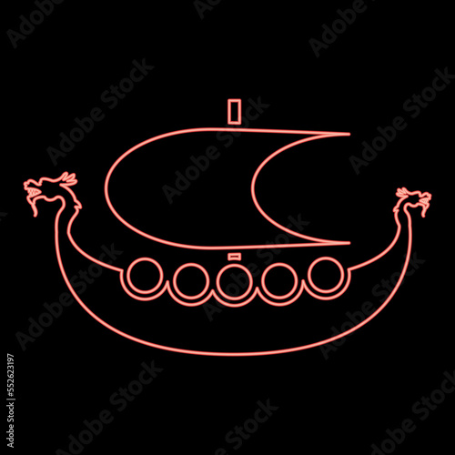 Neon viking drakkar Dracar sailboat Viking's ship Viking boat red color vector illustration image flat style