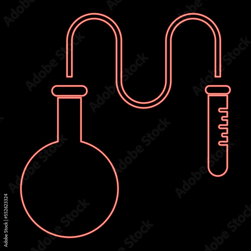 Neon oil distillation Flask for chemical reagents with test tube using a thin tube Chemical reaction concept red color vector illustration image flat style