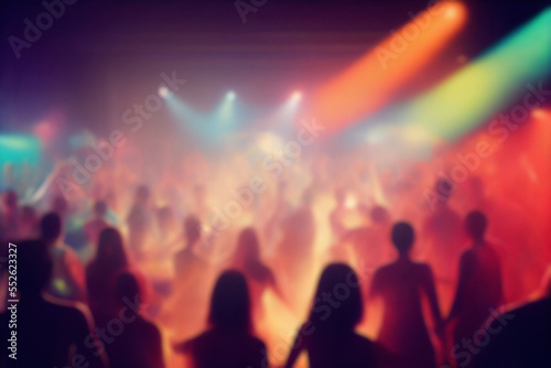 Blurred background revelry shindig. Night party with people are having fun in colorful spotlight at a nightclub