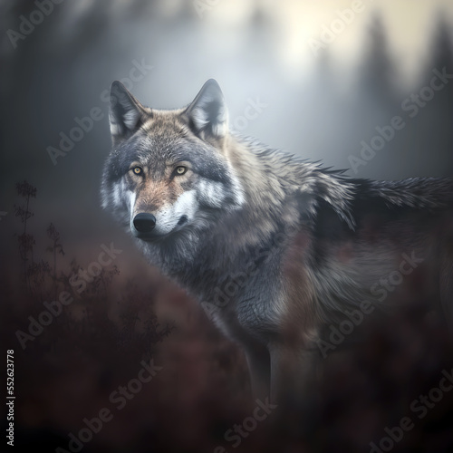 Wild Wolf  in Foggy Forest