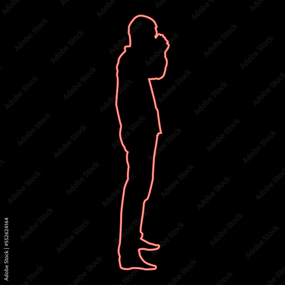 Neon man drinking from mug standing red color vector illustration image flat style