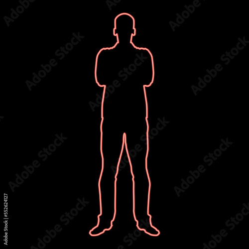 Neon man with folded arms Confidence concept business man red color vector illustration image flat style