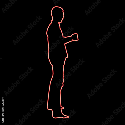 Neon man with mug standing red color vector illustration image flat style