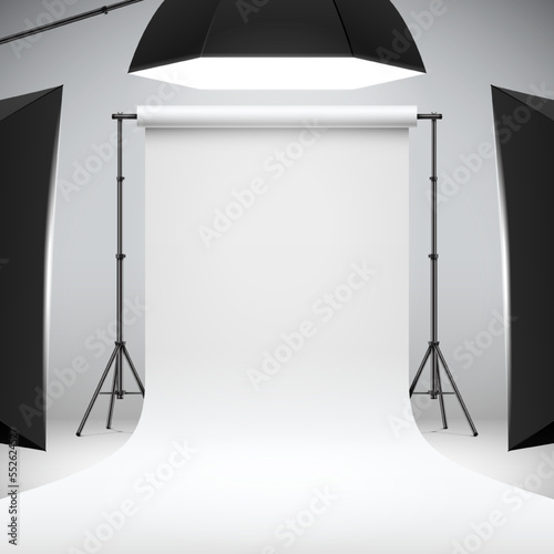 Photo studio white narrow backdrop with soft boxes. Professional photo shooting setup with studio lights, realistic vector illustration. Studio photography scene mock up.