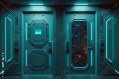 Intergalactic high-tech doors with instruments, display and neon light. Abstract room with doors, spaceship, scientific station, throughput entrance. AI