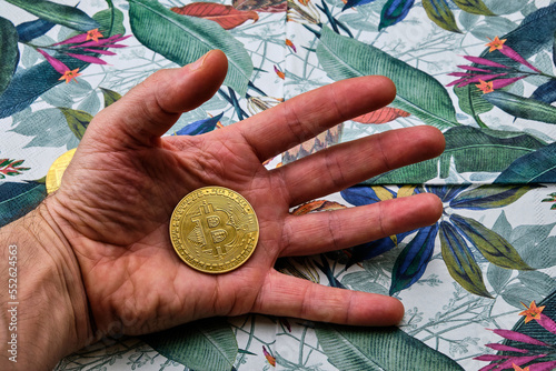 Close-up of a bitcoin in the palm of a man's hand, with a tropical phono. photo