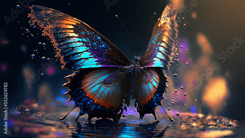 Abstract painting concept. Colorful art of a butterfly flying and sourrounded by water splashes. Animals. Generative AI.