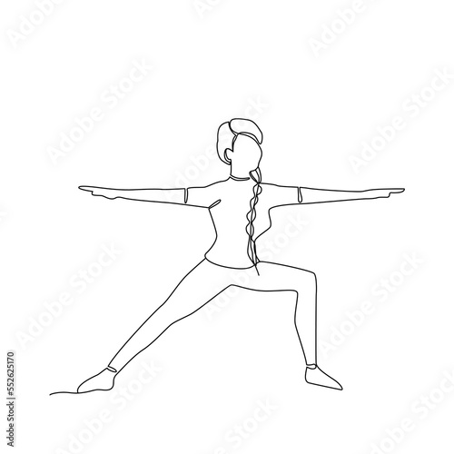 Single line drawing of a girl standing in a yoga pose. Doodle illustration of relaxing workout.