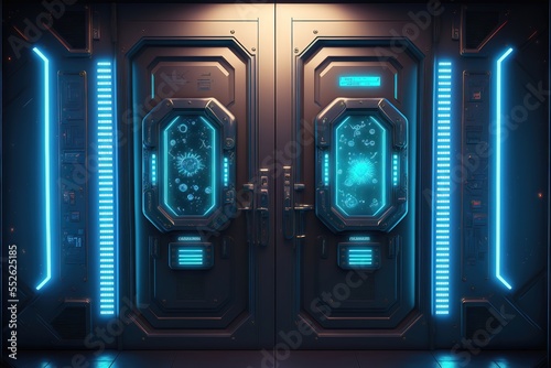 Intergalactic high-tech doors with instruments, display and neon light. Abstract room with doors, spaceship, scientific station, throughput entrance. AI