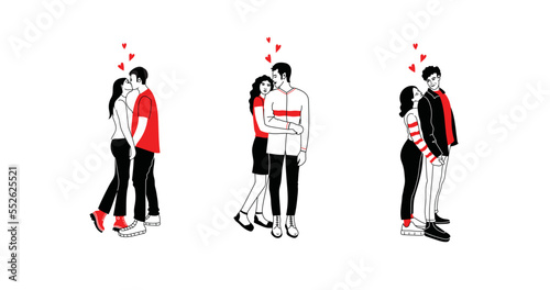 Valentine's day, love tenderness and romantic feelings concept. Young loving smiling couple boy and girl standing hugging each other feeling in love illustration