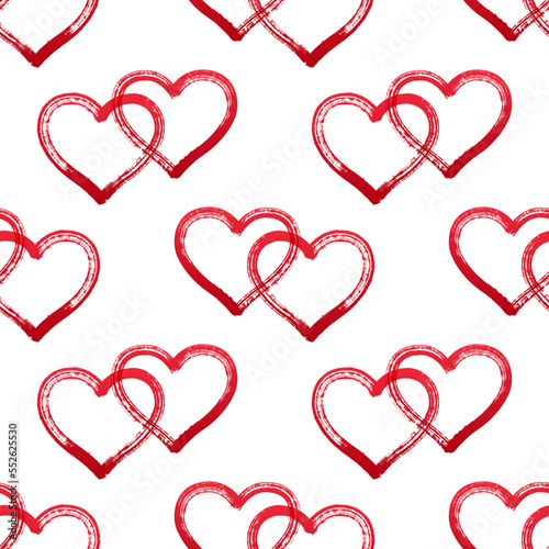 Red heart couple vector, love relationship symbol, Valentine's Day or wedding holiday wrapping paper design. Red paint outline hearts couple. Cute ink painted two hearts joined together seamless print