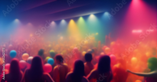 Blurred background revelry shindig. A balloon party with people are having fun in colorful spotlight at a nightclub 