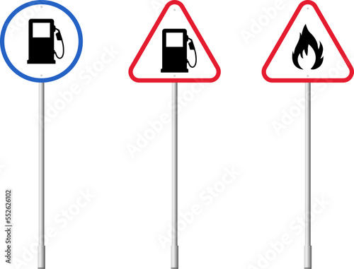 Gas station sign vector illustration. Warning symbol. Gas station warning road sign.