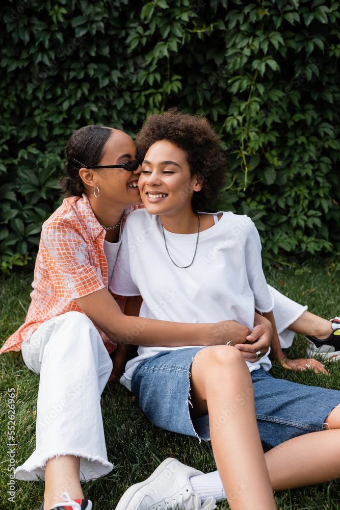 stylish african american lesbian woman in sunglasses hugging happy girlfriend while sitting on lawn. stylish african american lesbian woman in sunglasses hugging happy girlfriend while sitting on lawn.