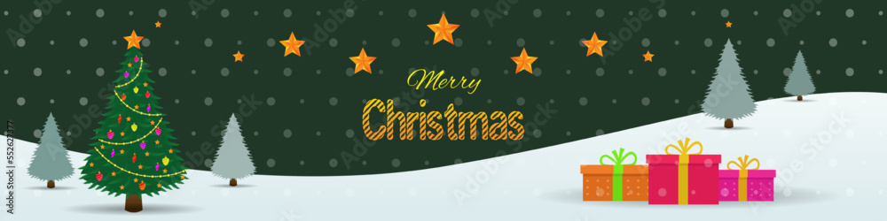 Decorative Merry Christmas banner with Christmas tree and gifts.