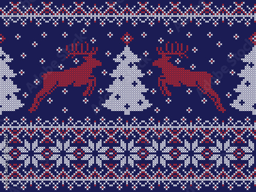 Christmas cross-stitch with Christmas trees and reindeer seamless pattern