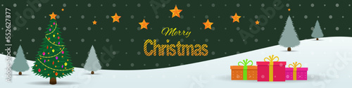 Decorative Merry Christmas banner with Christmas tree and gifts.