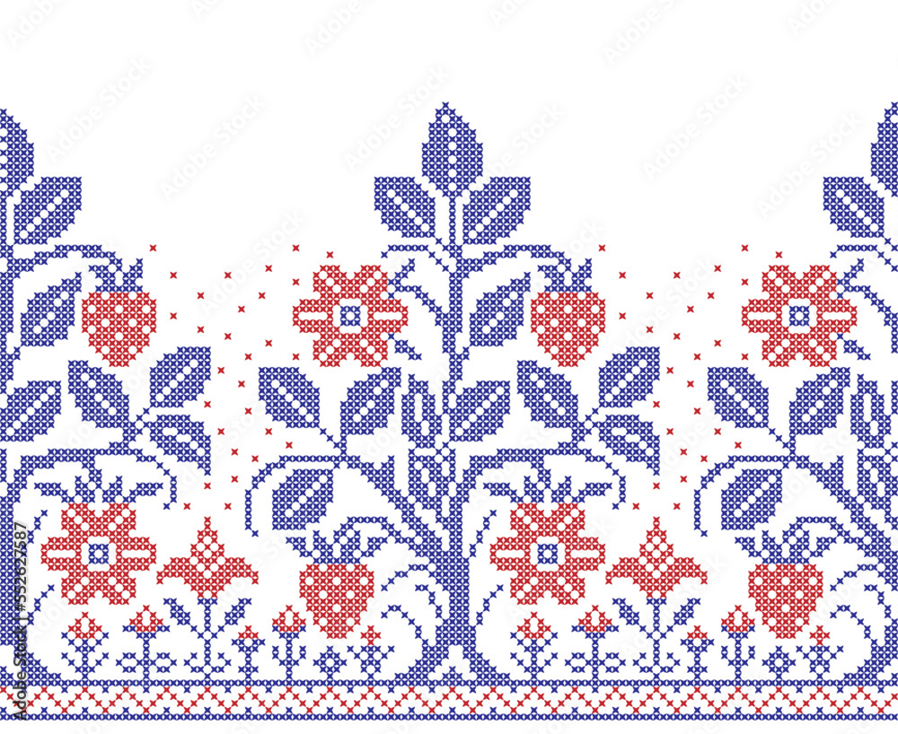 Embroidered cross-stitch seamless border pattern with strawberry plant and flowers - obrazy, fototapety, plakaty 