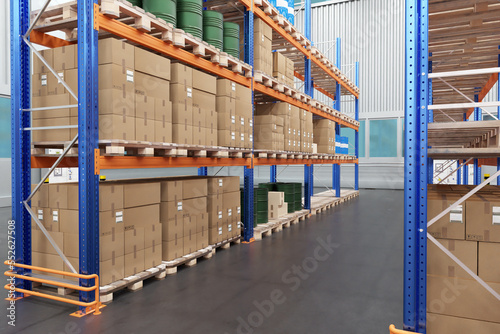 Fragment of the warehouse with shelves. Boxes are stored in a warehouse. Metal racks with pallets. Boxes are on pallets. Industrial warehouse. 3d image