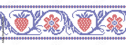 Cross-embroidered border pattern with flowers and strawberries