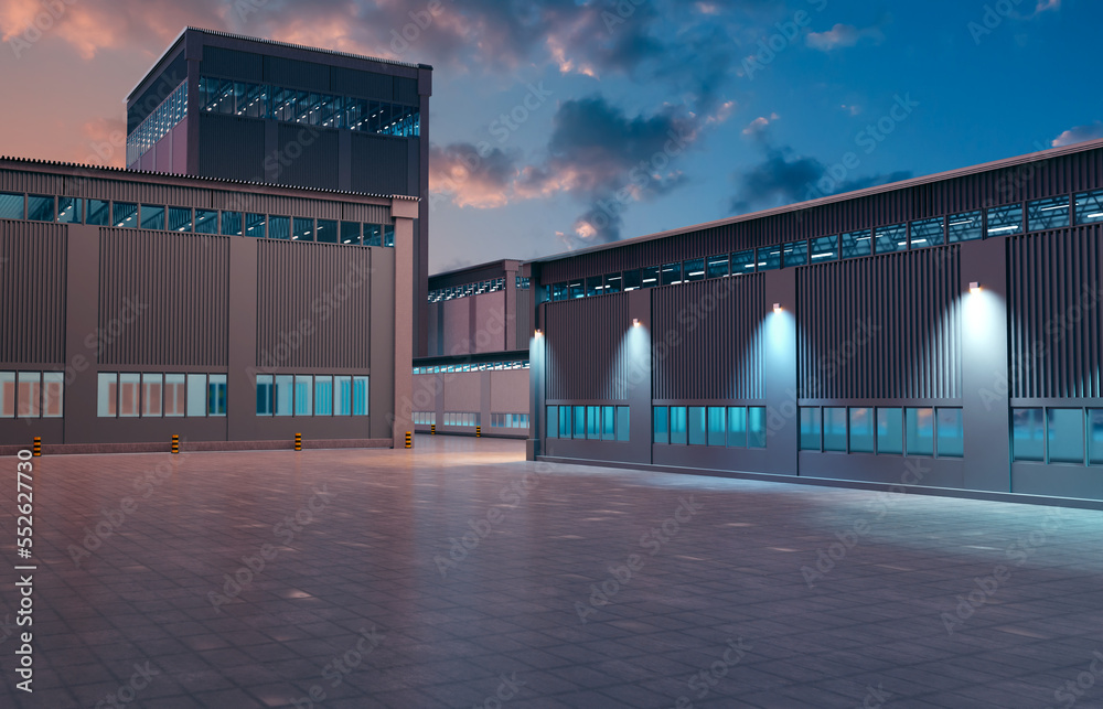 Obraz premium Industrial buildings in evening lighting. Logistic center in the industrial city zone. Modern Business Building in Urban Street Setting 3D image