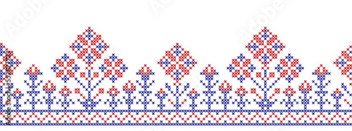 Embroidered cross-stitch seamless border pattern with flowers