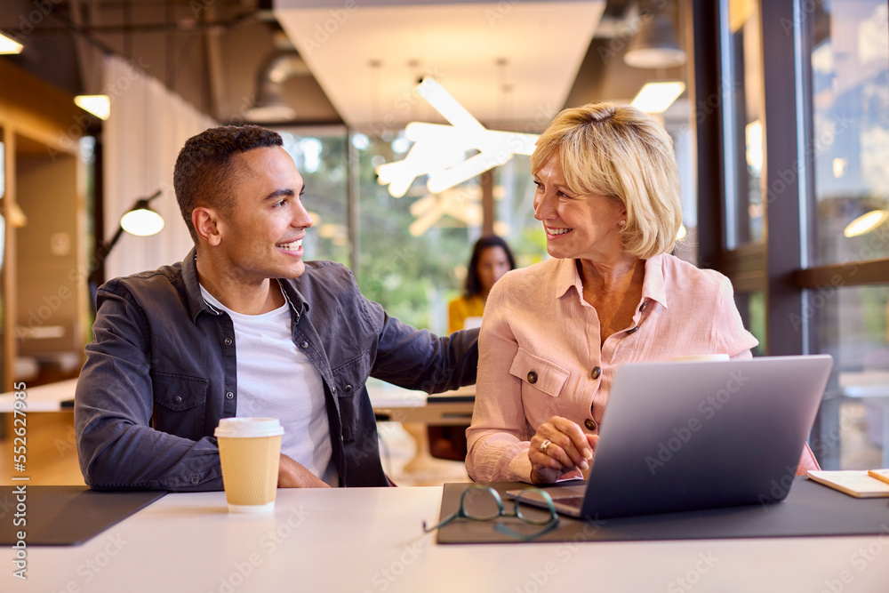 Mature Businesswoman Mentoring Younger Male Colleague Working On Laptop At Desk Mature Businesswoman Mentoring Younger Male Colleague Working On Laptop At Desk