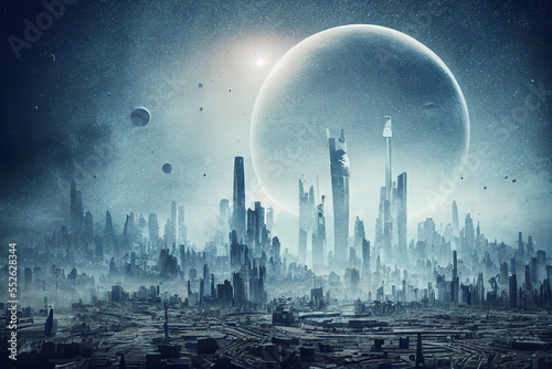 city on an alien planet, extraterrestrial buildings in beautiful landscape © rufous