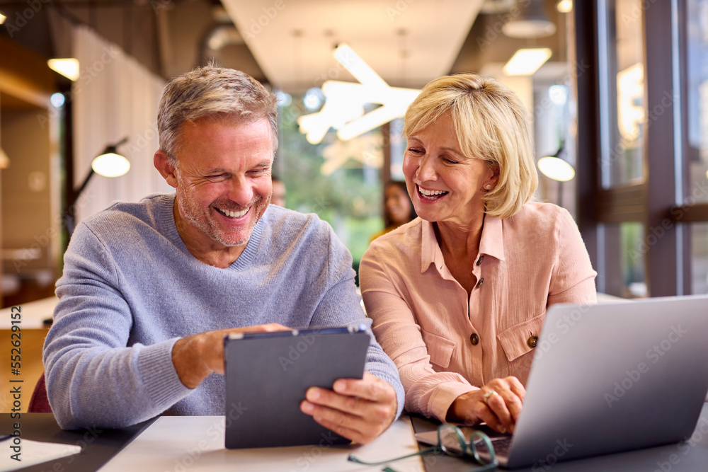 Mature Male And Female Business Colleagues Meeting Using Laptop And Digital Tablet In Modern Office