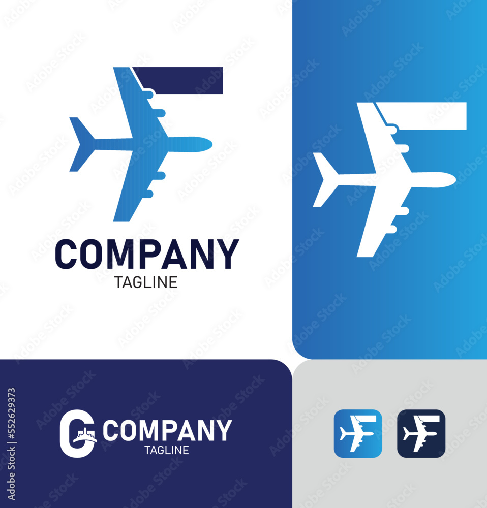 F letter travel logo with plane element
