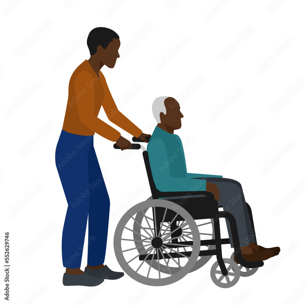 Young black woman walks with elderl man in wheelchair Young black woman walks with elderl man in wheelchair
