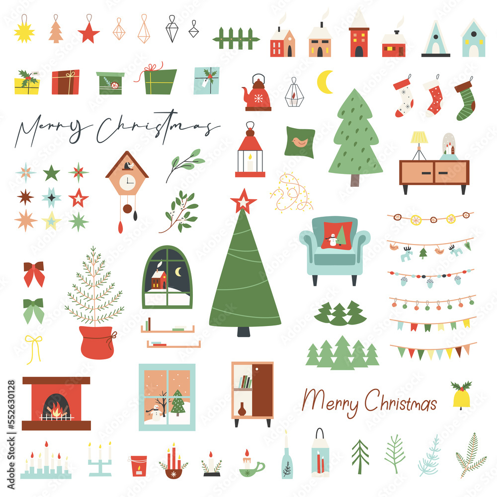 Set of New Year and Christmas elements: Christmas trees, boxes with gifts, houses, garlands, chair, fireplace, window with a landscape, furniture, candlesticks, stars, bows, New Year decorations