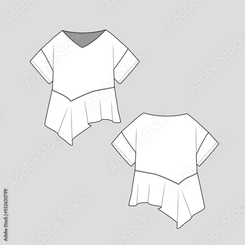 Asymmetrical Ruffles Hem V Neck top  Drop Shoulder flounce Hem fashion flat sketch technical drawing  template design