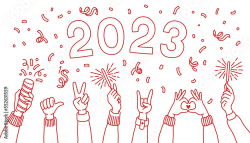 Happy New Year 2023. Doodle hands of people who are celebrating new year, vector for banner