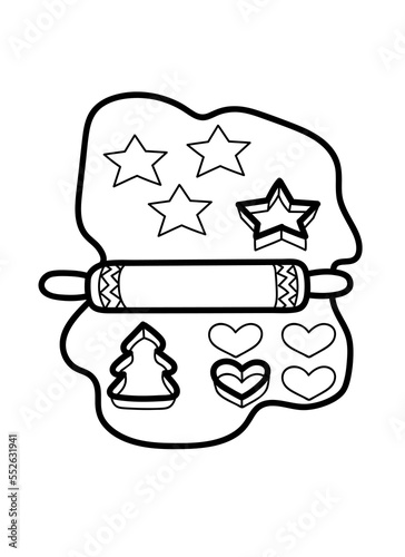 Vector contour illustration with dough, rolling pine and cookie cutters isolated on white. Making holiday cookies.